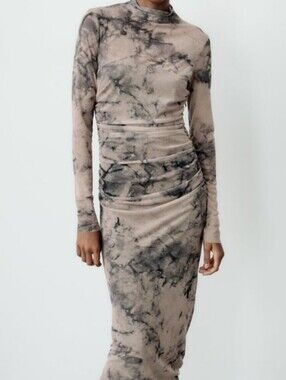 Zara Beige and Black Marble-Print Maxi Dress